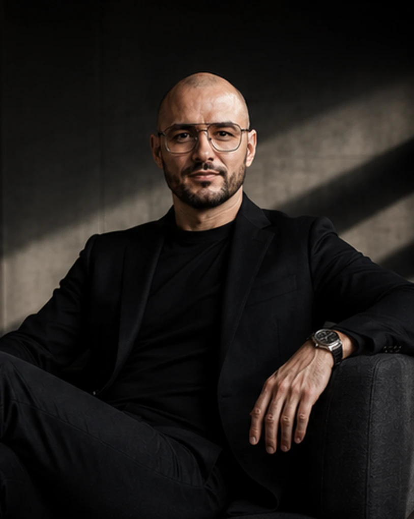 Andrew Yermilov seated, in a dark editorial environment